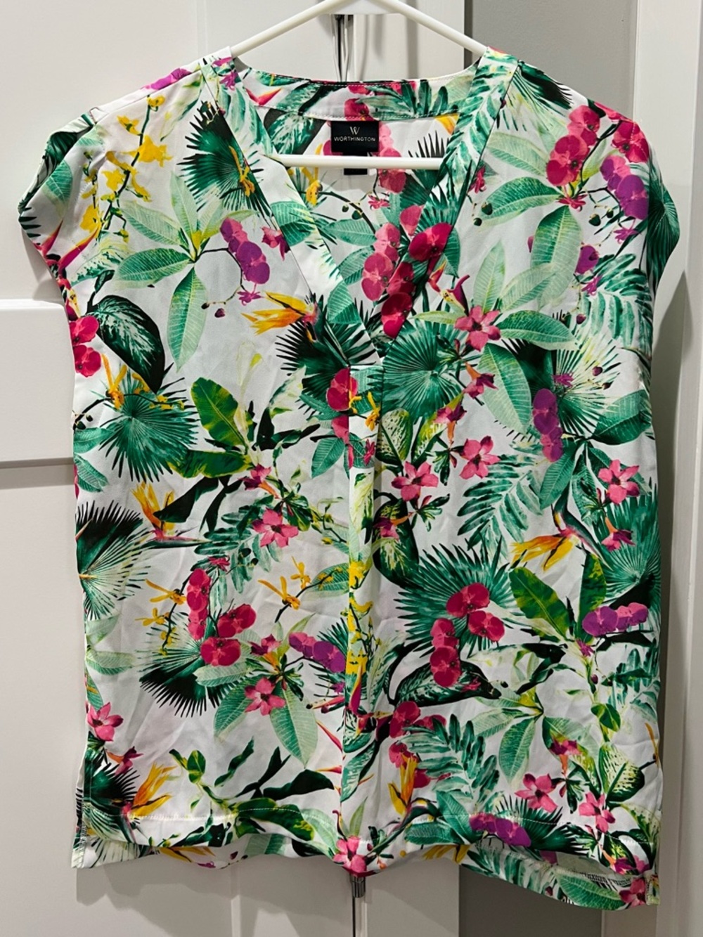 Worthington Tropical Floral V-Neck Cap Sleeve Blouse M